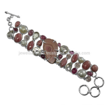 Crystal Rhodochrosite Pearl Rose Quartz &amp; Tourmaline Gemstone com 925 Silver Charm Bracelet